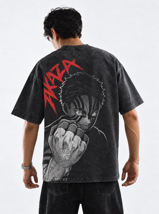 Demon Slayer Akaza Fist Washed T-Shirt on model, back view