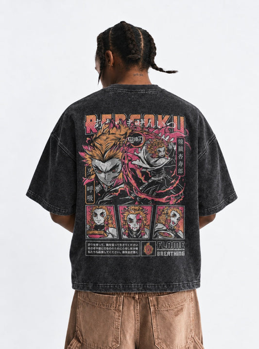 Demon Slayer Fiery Rengoku Washed T-Shirt on model, back view