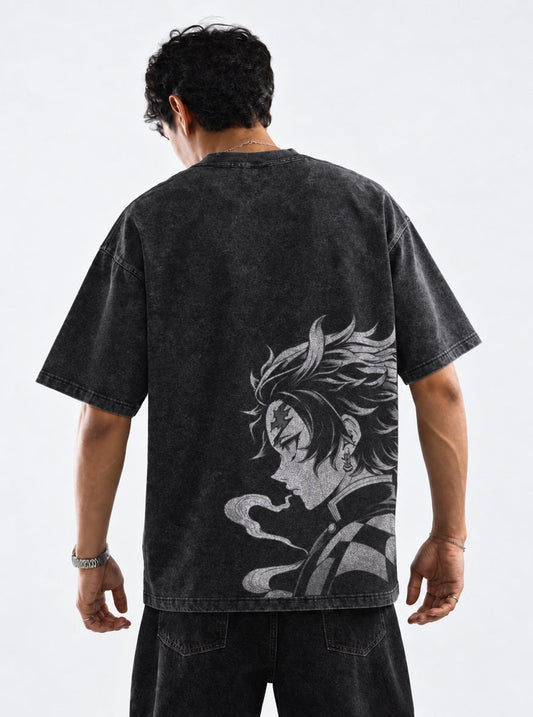 Demon Slayer High Quality Washed T-Shirt on model, back view