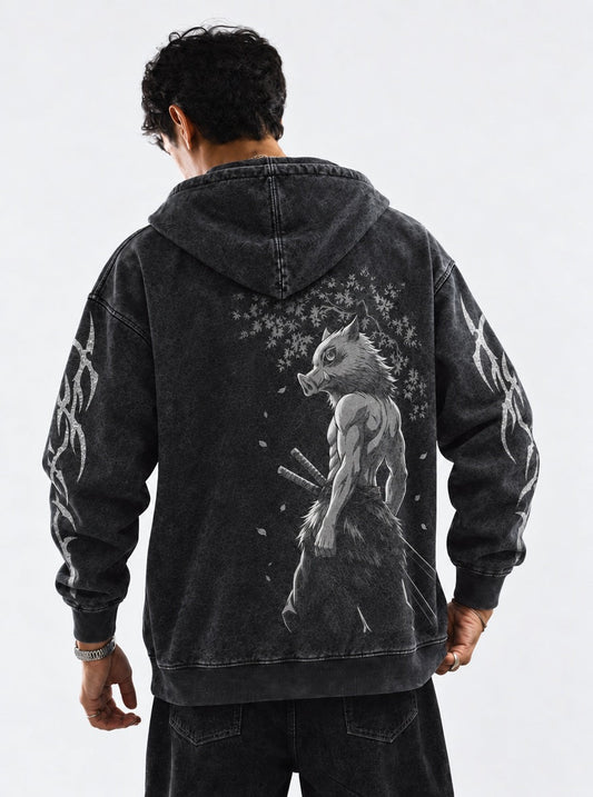 Demon Slayer Inosuke Wild Boar Washed Hoodie on model, back view