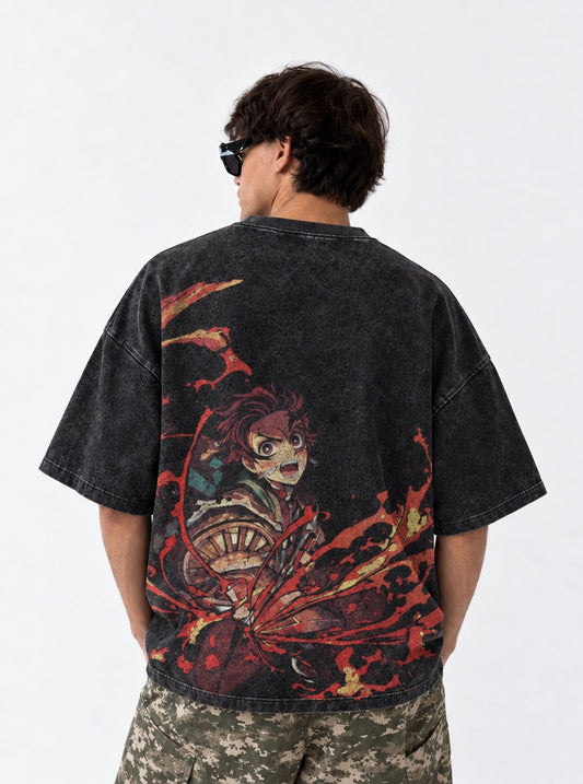 Demon Slayer Printed Washed T-Shirt on model, back view