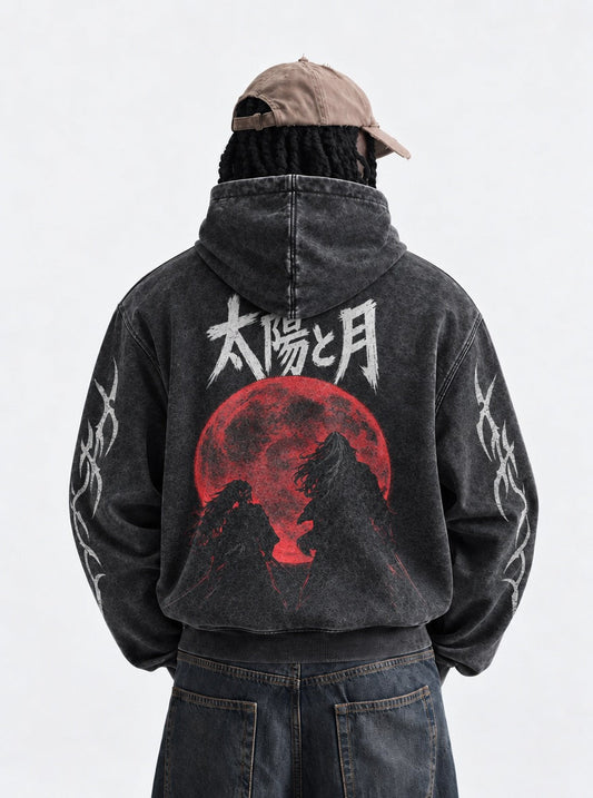 demon slayer sun and moon duel washed hoodie model back