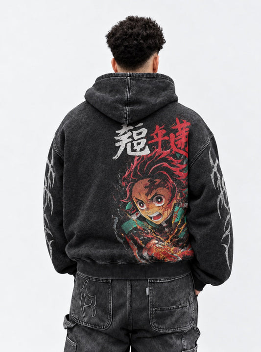 demon slayer tanjiro blaze washed hoodie model back