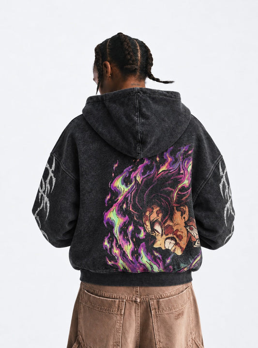 Demon Slayer Tanjiro Purple Flame Washed Hoodie on model, back view