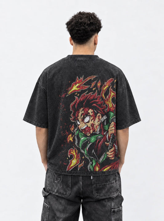 Demon Slayer Trendy Washed T-Shirt on model, back view
