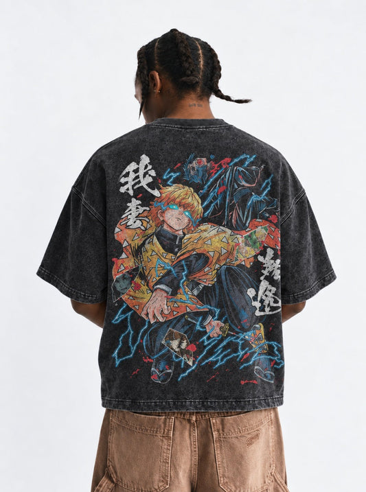 Demon Slayer Zenitsu Lightning Washed T-Shirt on model, back view