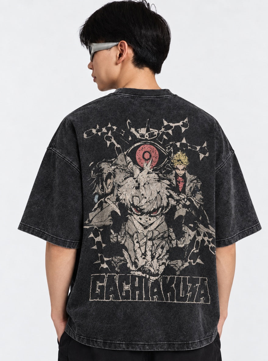 Gachiakuta Luxe Washed T-Shirt on model, back view