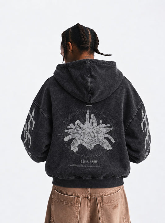 Jujutsu Kaisen Graphic Washed Hoodie on model, back view