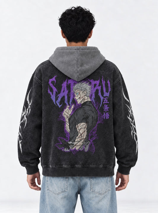 Jujutsu Kaisen Heavyweight Black and Grey Washed Hoodie on model, back view