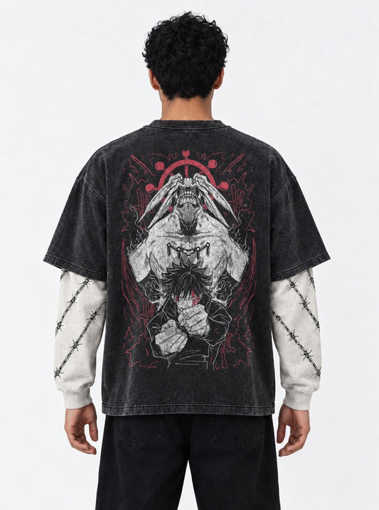 Jujutsu Kaisen Heavyweight Washed Double Sleeves T-Shirt on model, back view