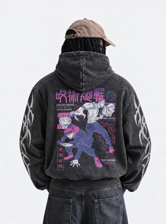 Jujutsu Kaisen Heavyweight Washed Hoodie on model, back view
