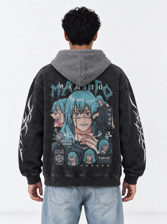 Jujutsu Kaisen Lightweight Black and Grey Washed Hoodie on model, back view