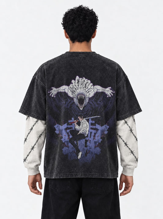 Jujutsu Kaisen Lightweight Washed Double Sleeves T-Shirt on model, back view