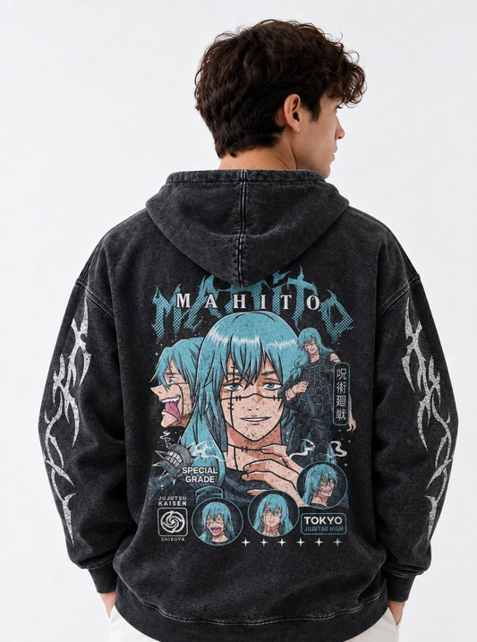 Jujutsu Kaisen Lightweight Washed Hoodie on model, back view