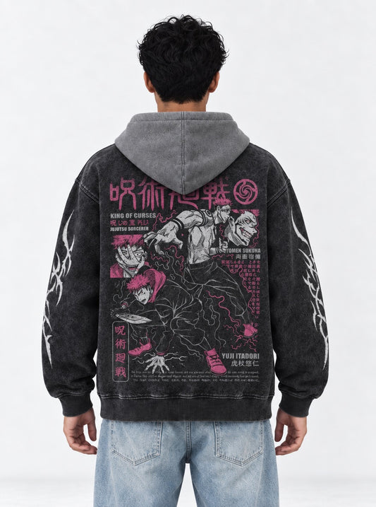 Jujutsu Kaisen Luxe Black and Grey Washed Hoodie on model, back view
