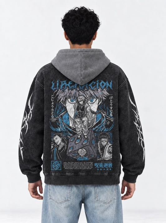 Jujutsu Kaisen Minimal Black and Grey Washed Hoodie on model, back view