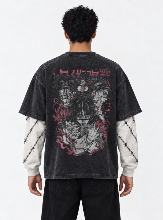 Jujutsu Kaisen Minimal Washed Double Sleeves T-Shirt on model, back view