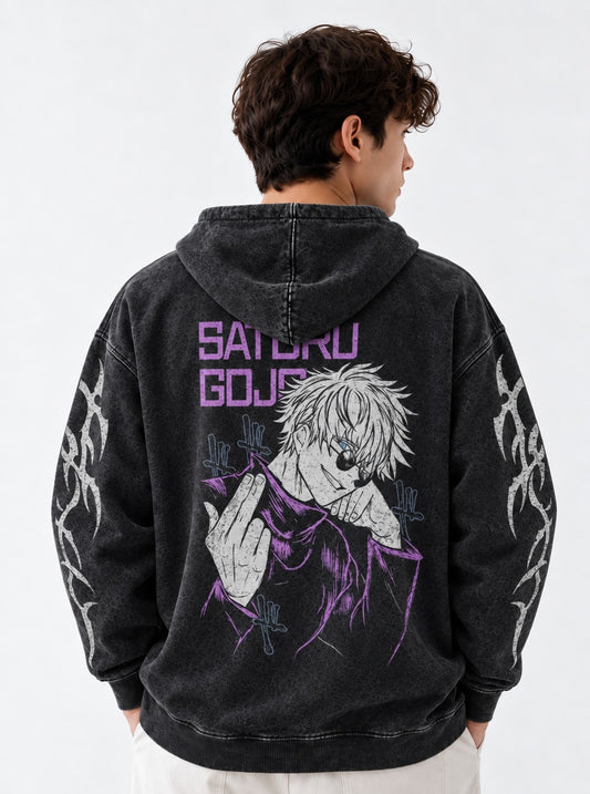 Jujutsu Kaisen Minimal Washed Hoodie on model, back view
