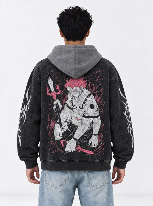 Jujutsu Kaisen Modern Black and Grey Washed Hoodie on model, back view