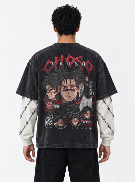 Jujutsu Kaisen Modern Washed Double Sleeves T-Shirt on model, back view