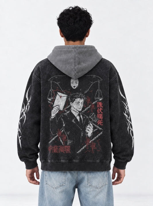 Jujutsu Kaisen Oversized Black and Grey Washed Hoodie on model, back view