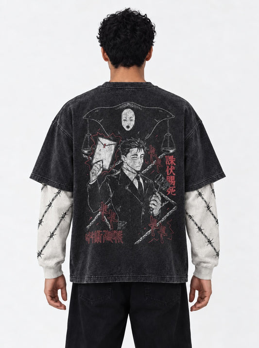Jujutsu Kaisen Oversized Washed Double Sleeves T-Shirt on model, back view