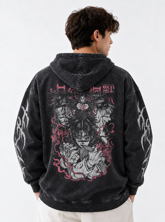 Jujutsu Kaisen Oversized Washed Hoodie on model, back view