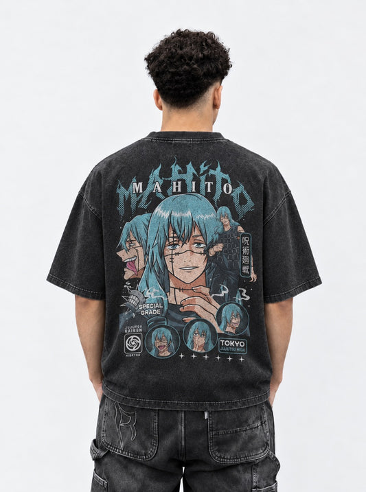 Jujutsu Kaisen Oversized Washed T-Shirt on model, back view
