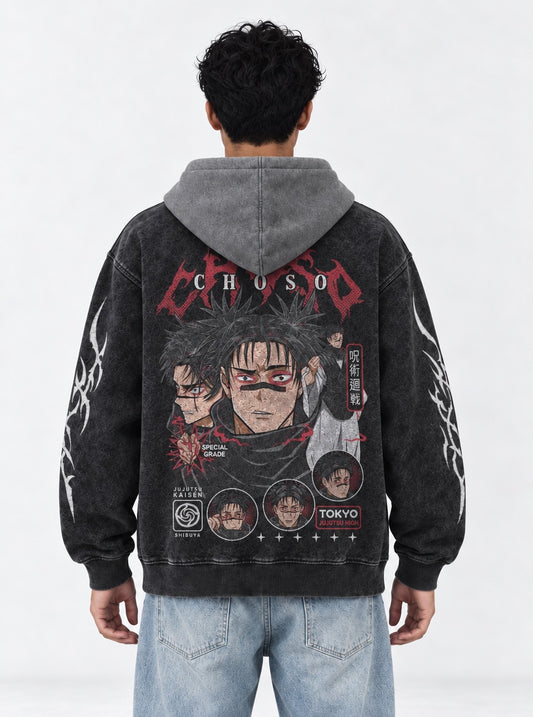 Jujutsu Kaisen Premium Black and Grey Washed Hoodie on model, back view