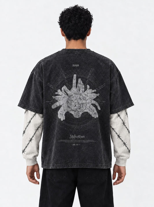 Jujutsu Kaisen Premium Washed Double Sleeves T-Shirt on model, back view