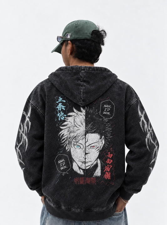 Jujutsu Kaisen Premium Washed Hoodie on model, back view