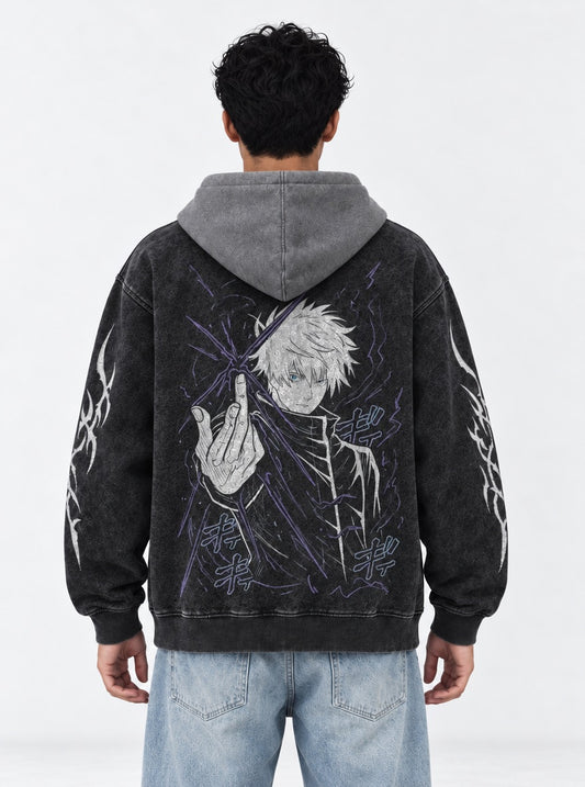 Jujutsu Kaisen Relaxed Black and Grey Washed Hoodie on model, back view