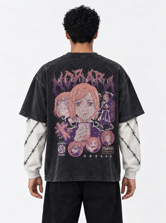 Jujutsu Kaisen Relaxed Washed Double Sleeves T-Shirt on model, back view