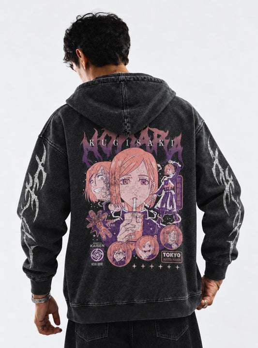 Jujutsu Kaisen Relaxed Washed Hoodie on model, back view