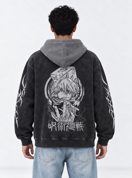 Jujutsu Kaisen Retro Black and Grey Washed Hoodie on model, back view