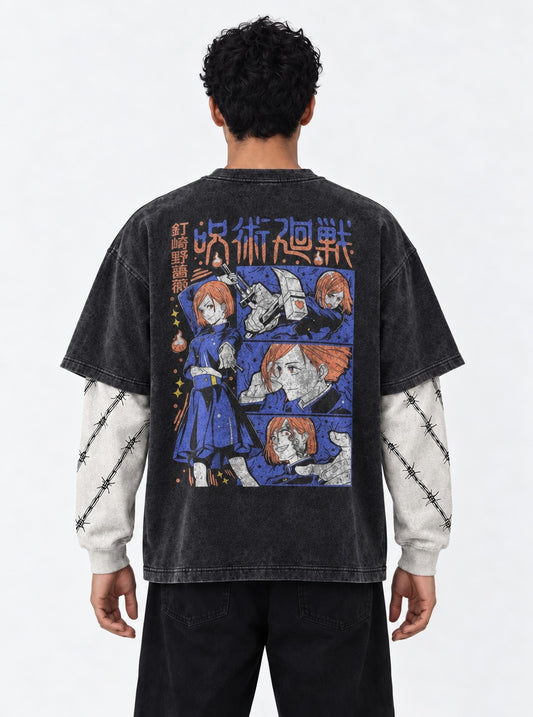Jujutsu Kaisen Retro Washed Double Sleeves T-Shirt on model, back view