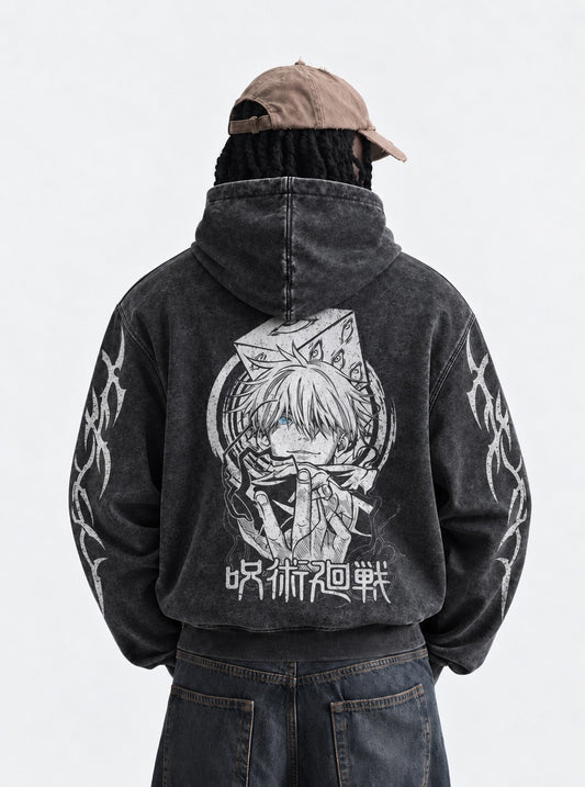 Jujutsu Kaisen Retro Washed Hoodie on model, back view