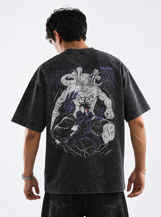 Jujutsu Kaisen Retro Washed T-Shirt on model, back view