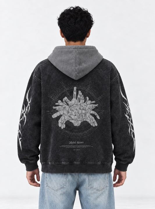 Jujutsu Kaisen Signature Black and Grey Washed Hoodie on model, back view
