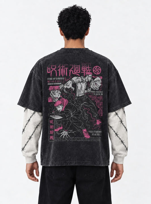 Jujutsu Kaisen Signature Washed Double Sleeves T-Shirt on model, back view