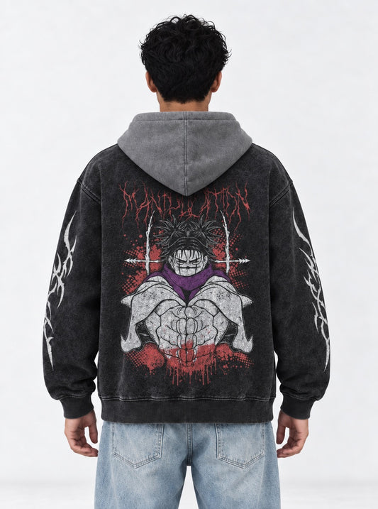 Jujutsu Kaisen Sleek Black and Grey Washed Hoodie on model, back view