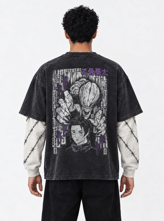 Jujutsu Kaisen Sleek Washed Double Sleeves T-Shirt on model, back view