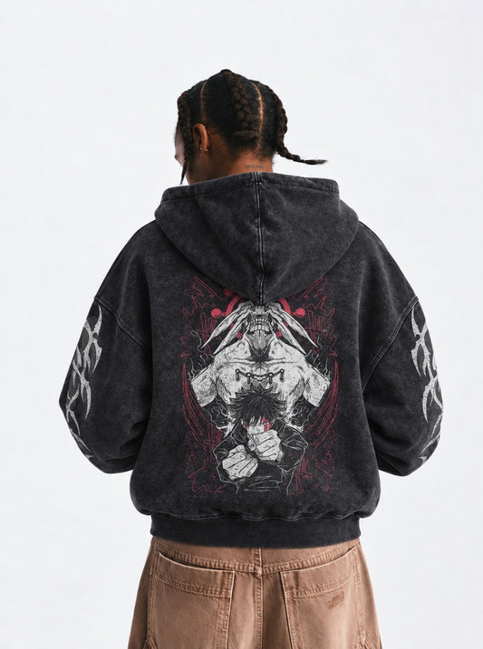 Jujutsu Kaisen Sleek Washed Hoodie on model, back view