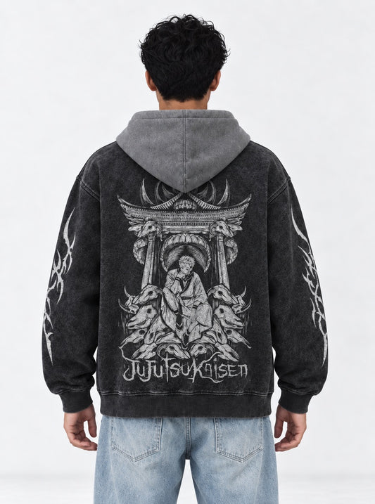 Jujutsu Kaisen Soft Black and Grey Washed Hoodie on model, back view