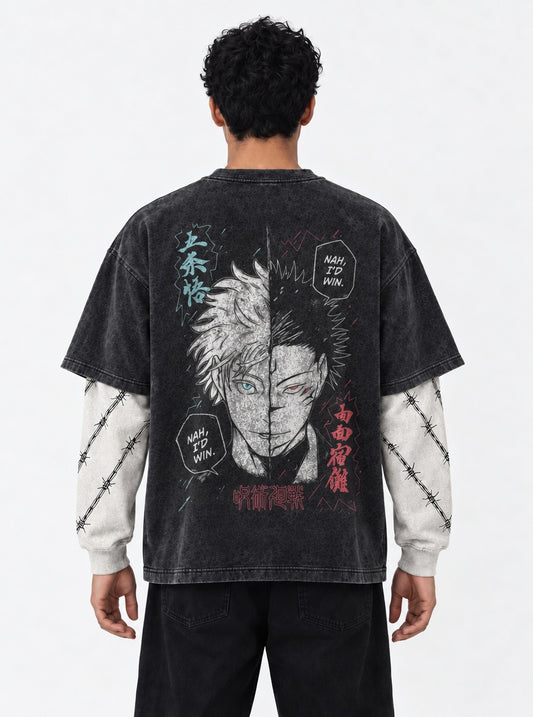 Jujutsu Kaisen Soft Washed Double Sleeves T-Shirt on model, back view