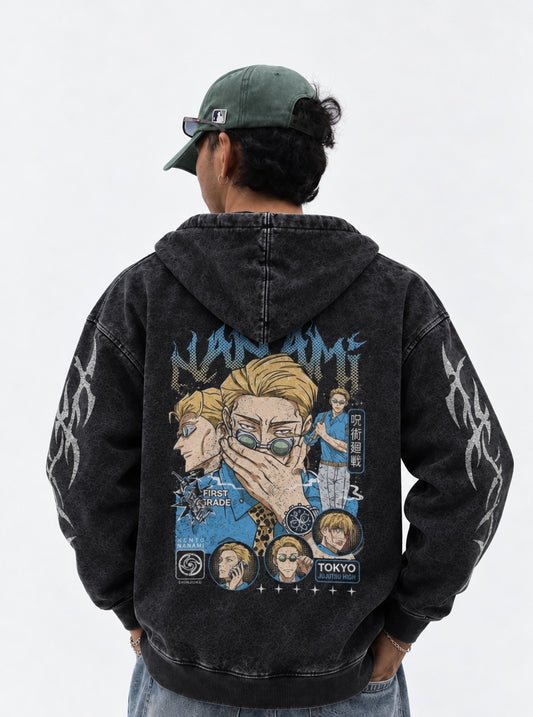 Jujutsu Kaisen Soft Washed Hoodie on model, back view
