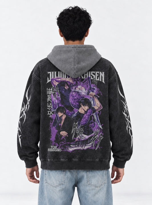 Jujutsu Kaisen Statement Black and Grey Washed Hoodie on model, back view