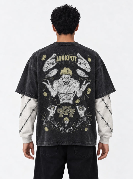 Jujutsu Kaisen Statement Washed Double Sleeves T-Shirt on model, back view