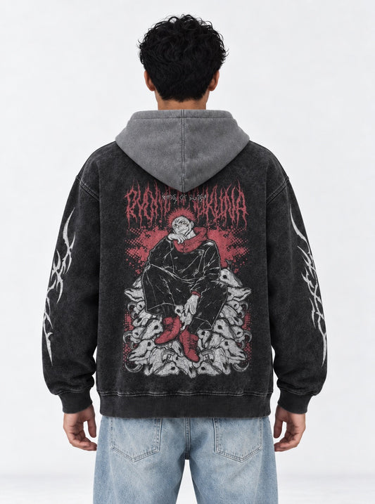 Jujutsu Kaisen Streetwear Black and Grey Washed Hoodie on model, back view