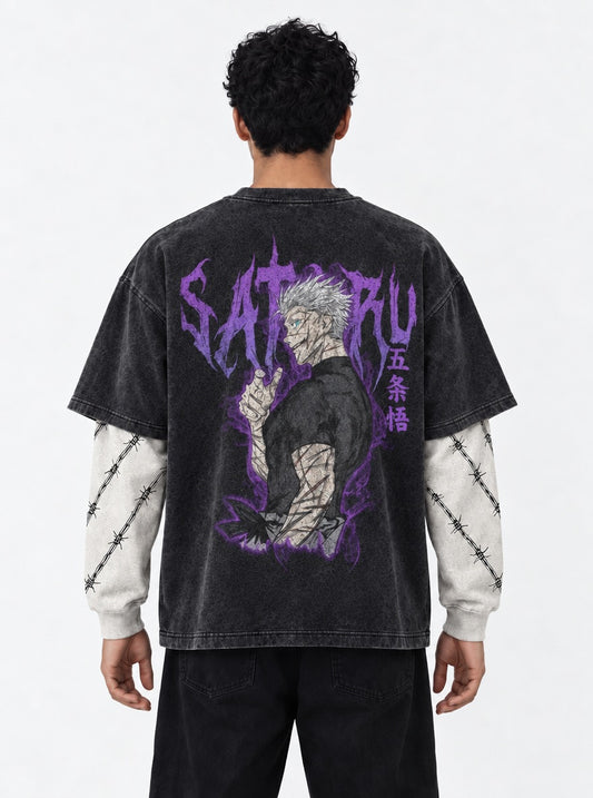Jujutsu Kaisen Streetwear Washed Double Sleeves T-Shirt on model, back view